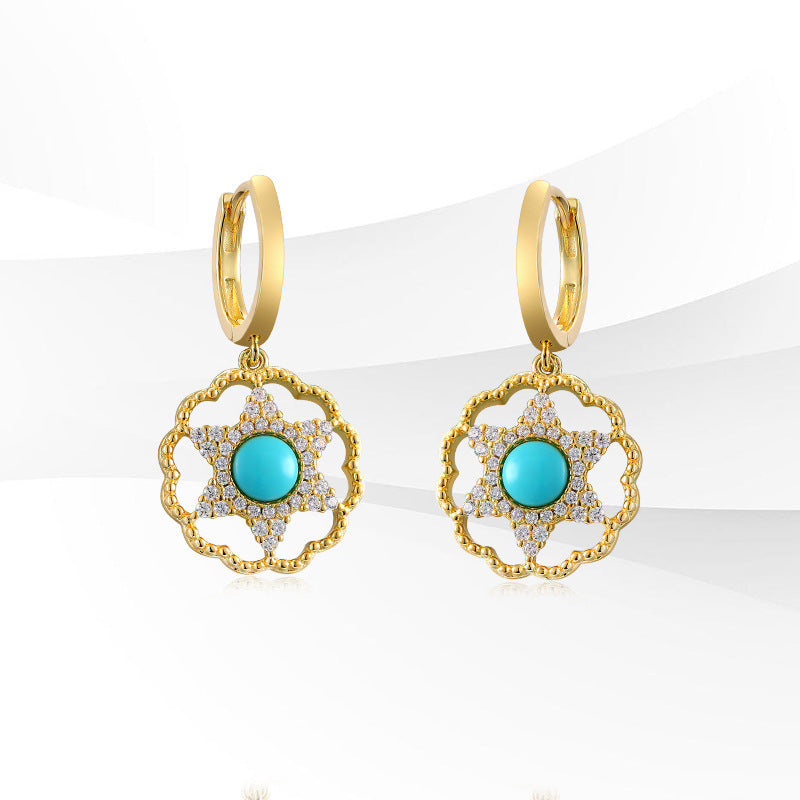 Turquoise Zircon Hexagonal Star Hollow Silver Hoop Earrings for Women