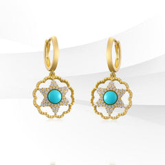 Turquoise Zircon Hexagonal Star Hollow Silver Hoop Earrings for Women