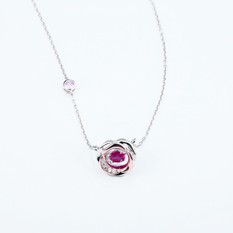 Barbie Pink Zircon Camellia Pendant Silver Necklace for Women