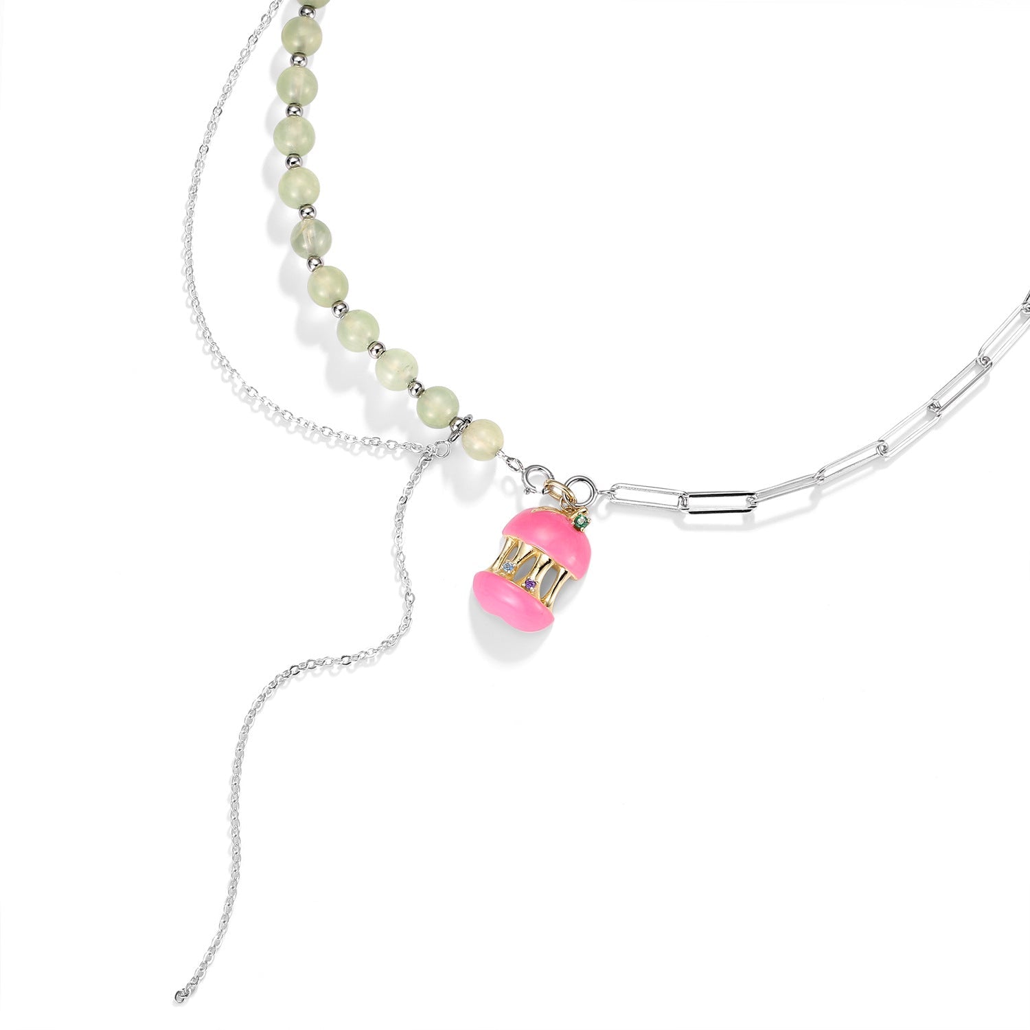 Pink Bird Cage Pendant Natural Prehnite Tassel Splicing Silver Necklace