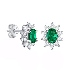 1.0Carat Oval Lab-Created Emerald Stone Flower Stud Earrings