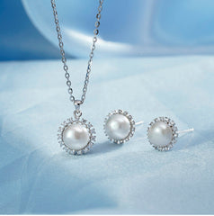 Zircon Halo Round Pearl Silver Necklace Earrings Set