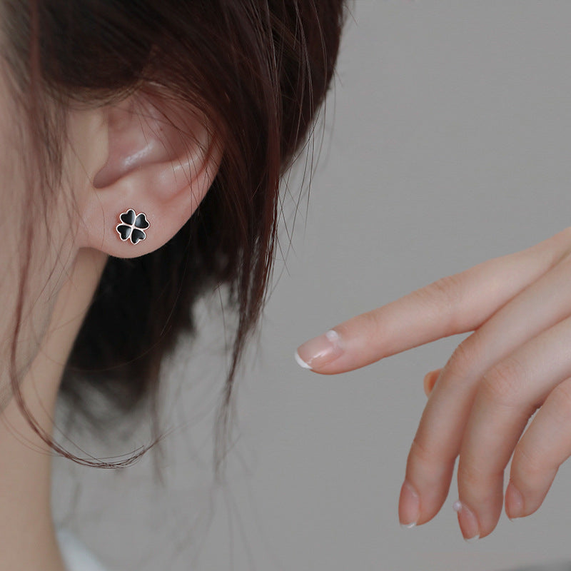 Black Lucky Clover Silver Studs Earrings for Women