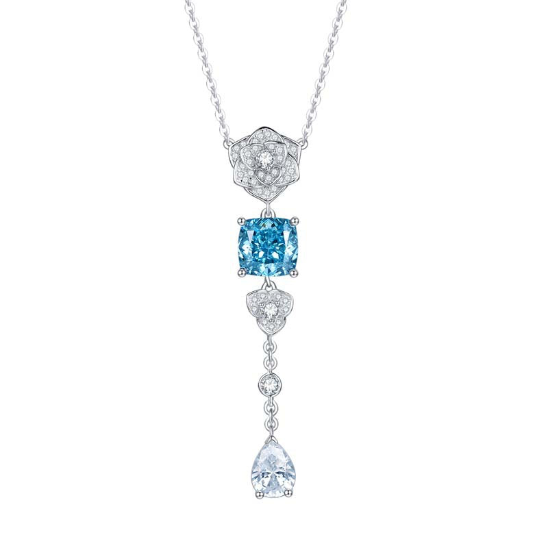 Square Blue Zircon Camellia Tassel Necklace