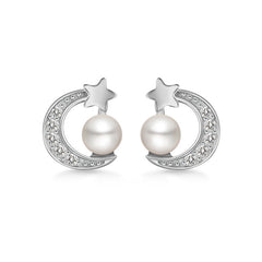 Zircon Moon Star with Freshwater Pearl D Shape Silver Stud Earrings for Women