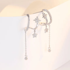 Zircon Star Tassel Double Layer C Shape Silver Drop Earrings for Women