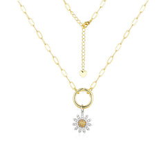 Zircon Daisy Flower with Circle Pendant Silver Necklace for Women