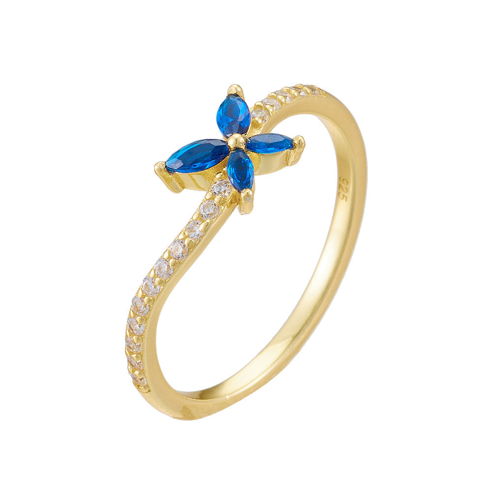 Blue Zircon Butterfly Slightly Curved Slim Sterling Silver Ring