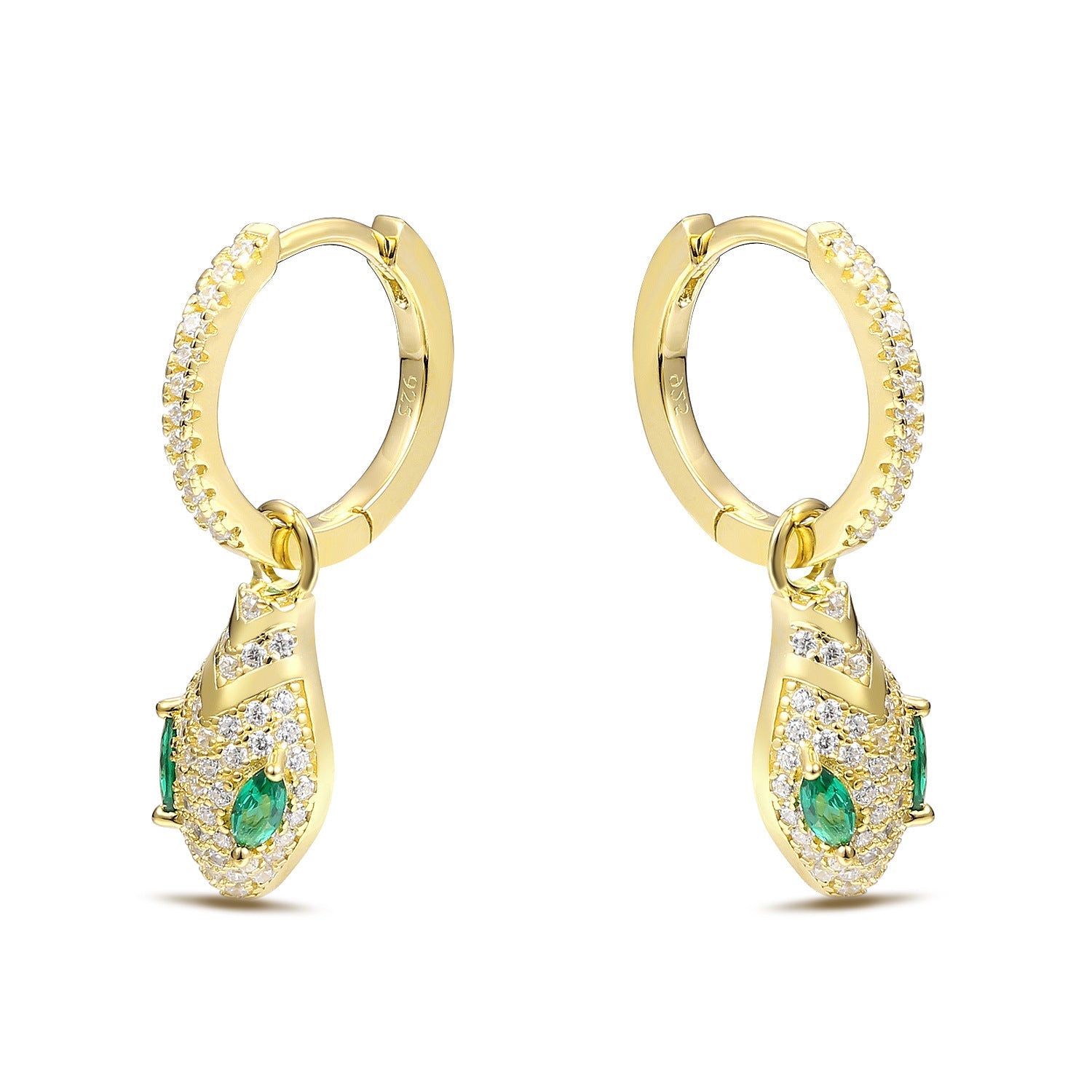 Full Zircon Snake with Marquise Green Zircon Silver Hoop Earrings for Women