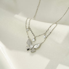 (Two Colours) White Zircon Butterfly Pendants Silver Two-ply Collarbone Necklace for Women