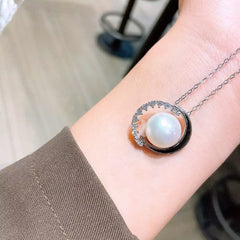 Natural Freshwater Pearl Double Half Circle Pendant Silver Necklace for Women