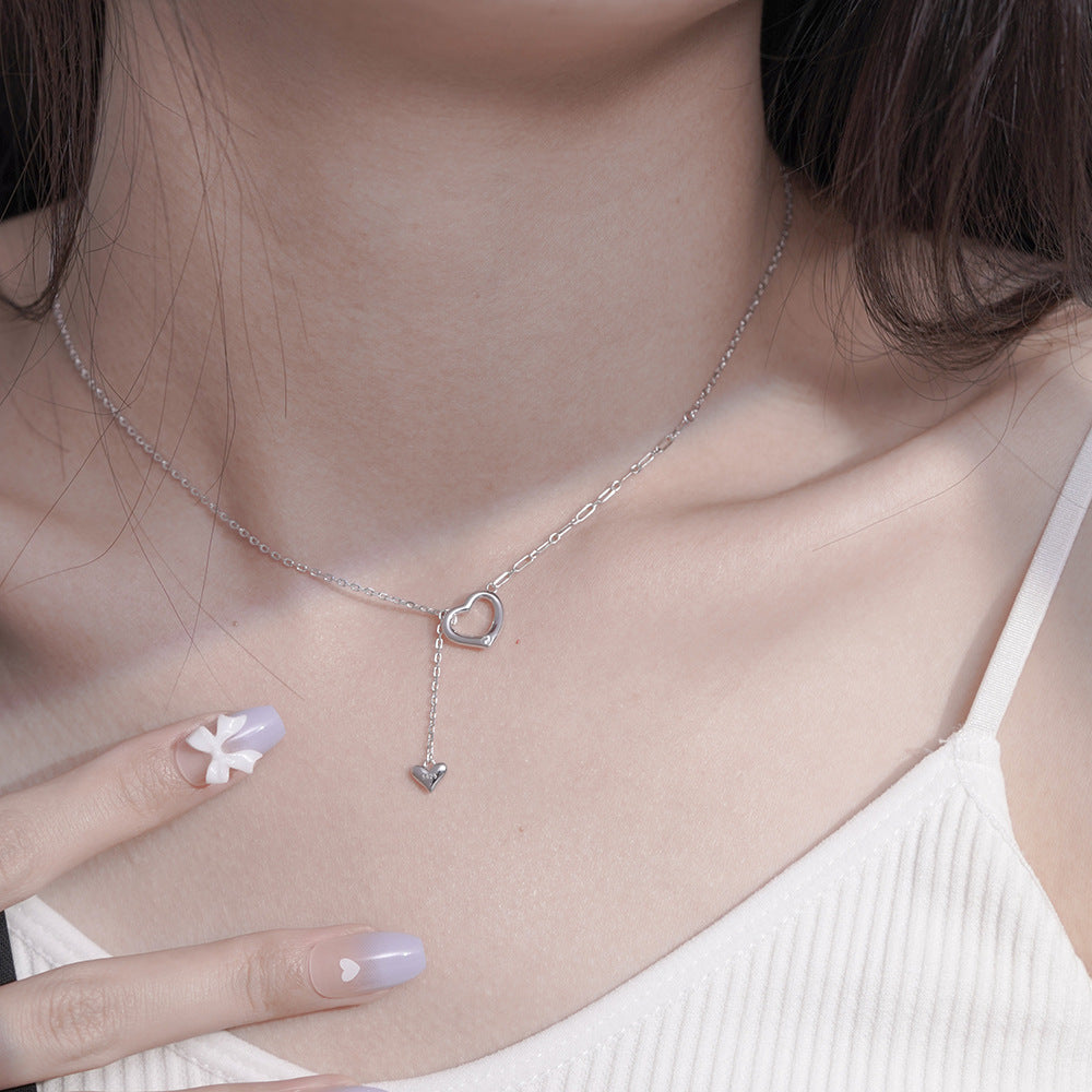 (Two Colours) White Zircon Double Hearts Pendants Adjustable Collarbone Necklace for Women