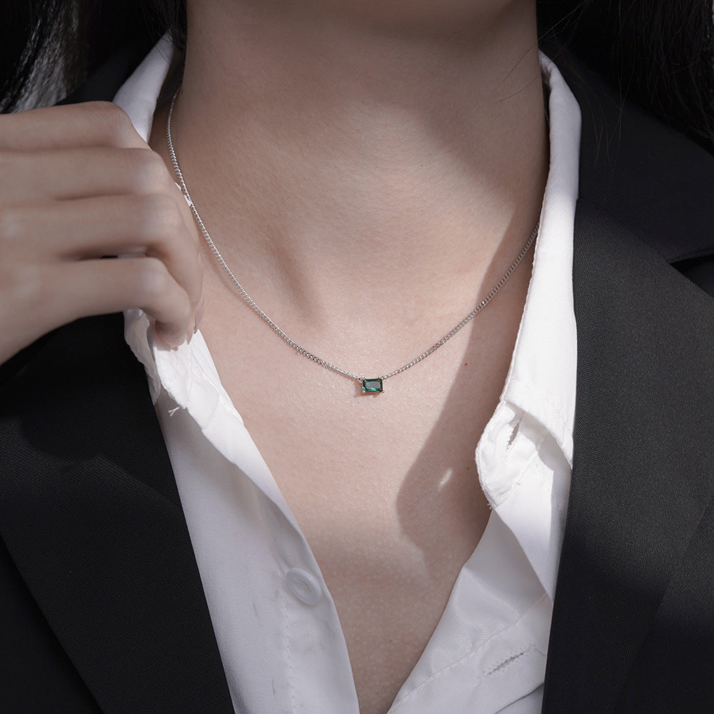 (Two Colours) Emerald Colour Zircon Little Rectangle Pendants 925 Silver Collarbone Necklace for Women