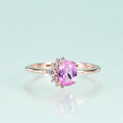 Half Circle Halo Oval Barbie Pink Corundum Silver Ring