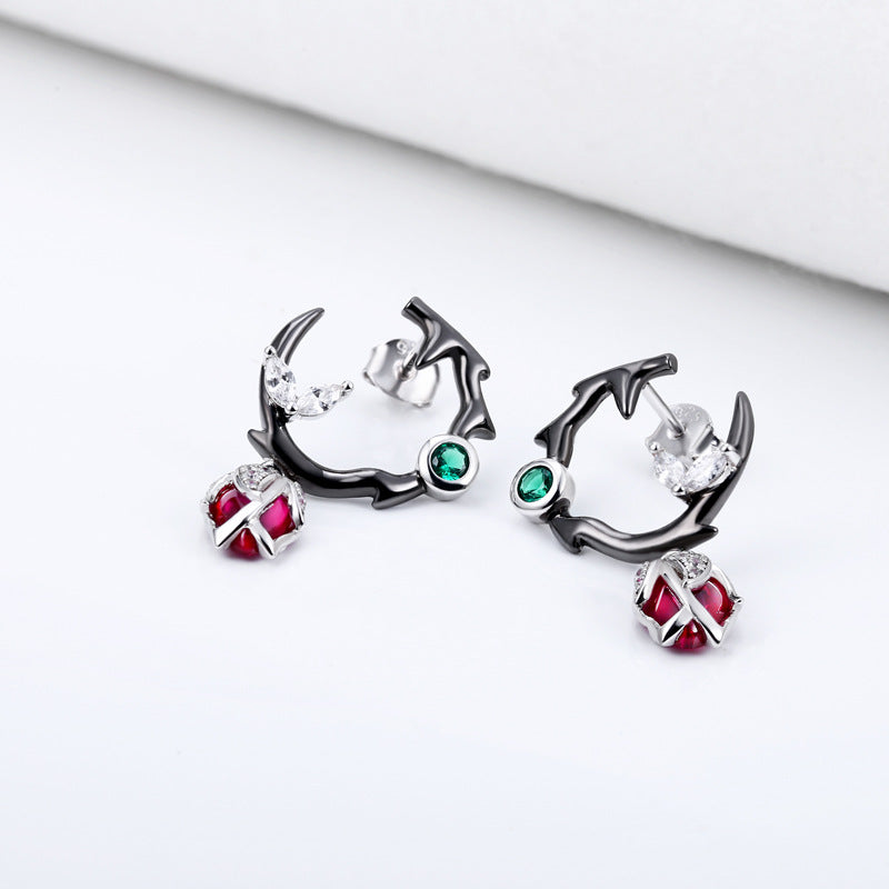 Thorn Rose Red Corundum with Zircon Silver Drop Earrings for Women