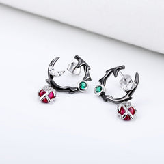 Thorn Rose Red Corundum with Zircon Silver Drop Earrings for Women