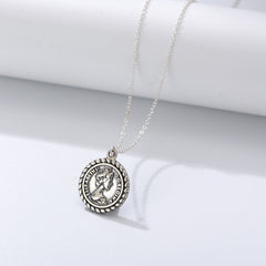 Vintage Portrait Embossed Pendant Sterling Silver Necklace for Women