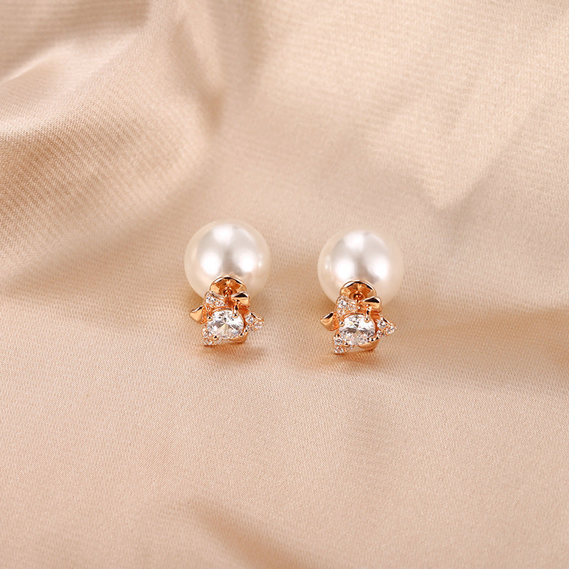 Round Zircon Camellia with Pearl Silver Studs Earrings for Women