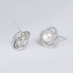 Zircon Circling with Freshwater Pearl Silver Stud Earrings for Women