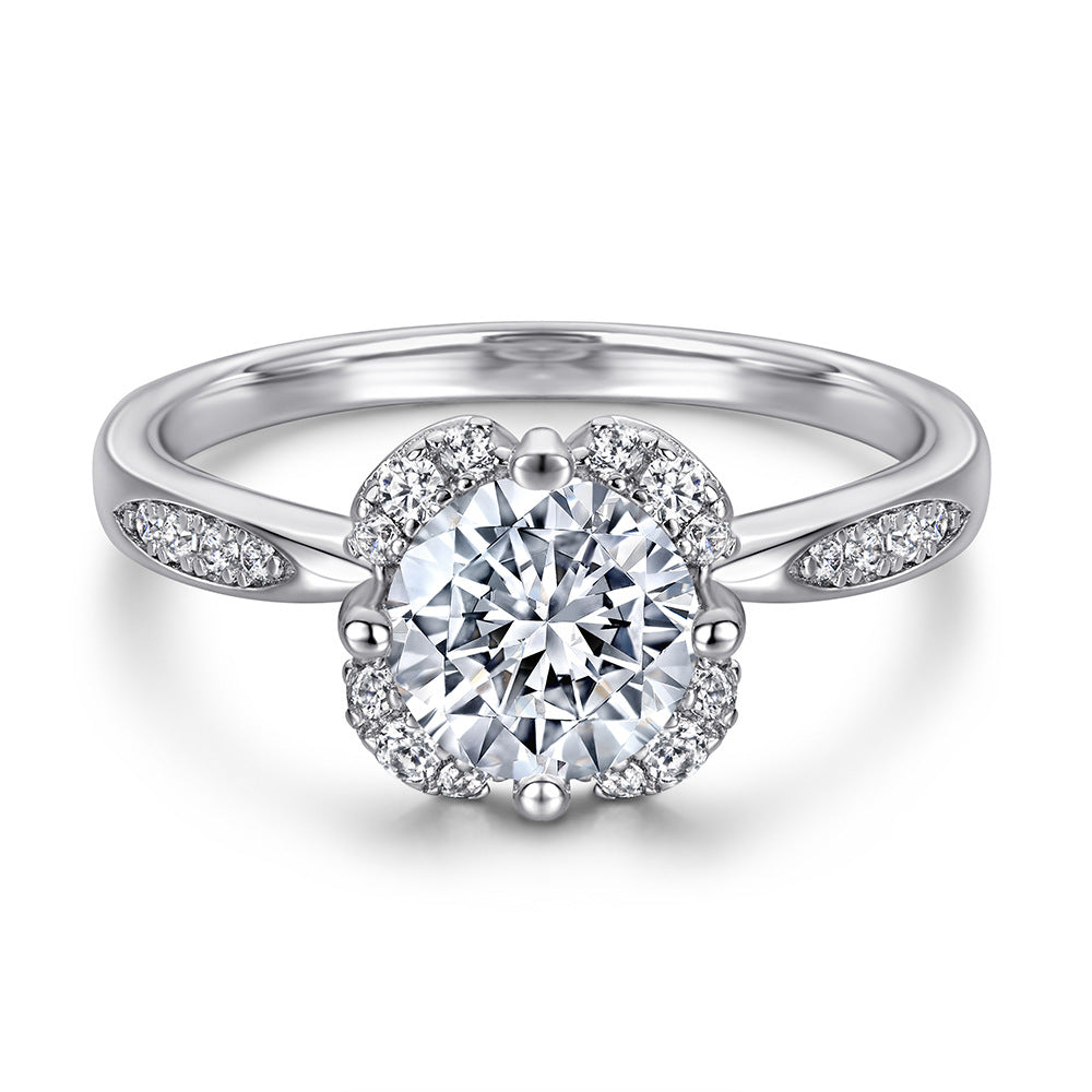 Round Zircon Flower Four Prongs Silver Ring
