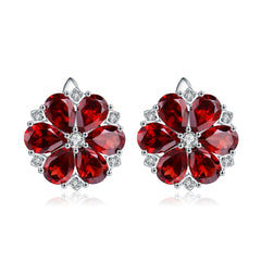 Natural Garnet Flower Design Silver Studs Earrings for Women