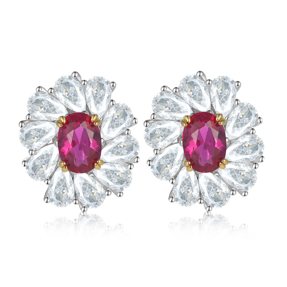 Oval Purple Zircon Flower Shape Silver Studs Earrings for Women