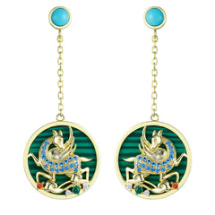 Round Turquoise Pendant Winged Horse Zircon Sterling Silver Drop Earrings