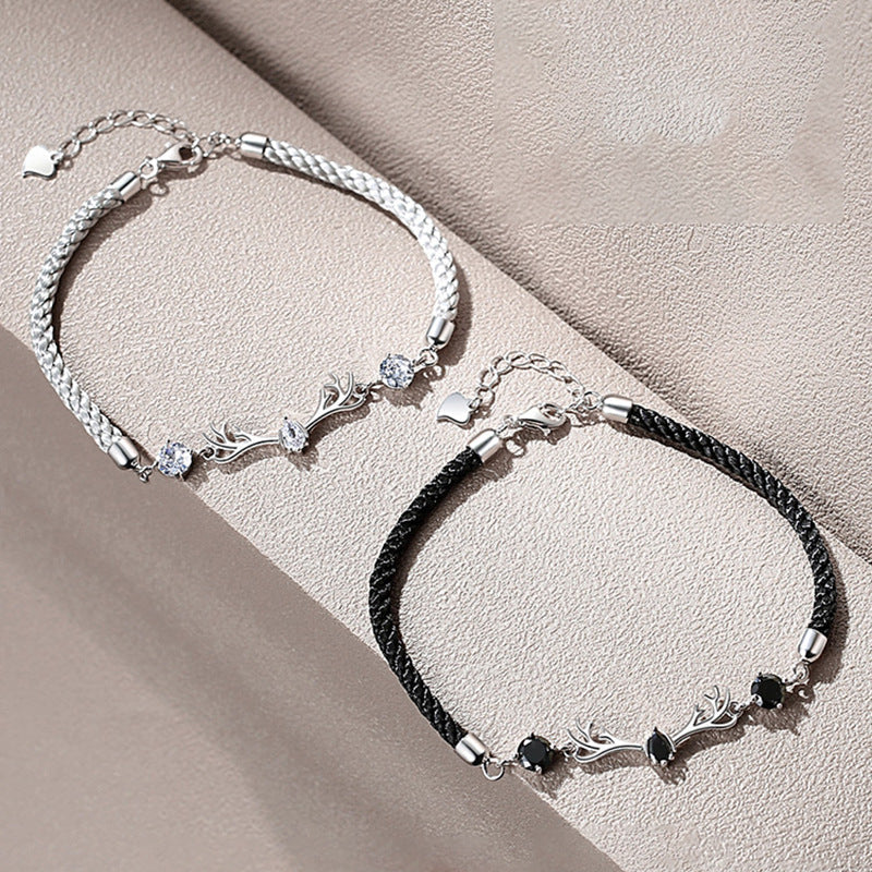 Two Colour Zircon Silver Deer Woven Rope Couple Bracelets for Women