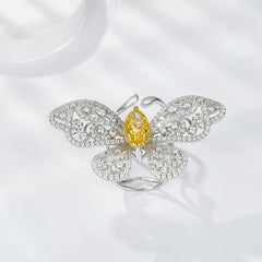 Yellow Zircon Marquise Ice Cut Active Butterfly Luxurious Silver Ring