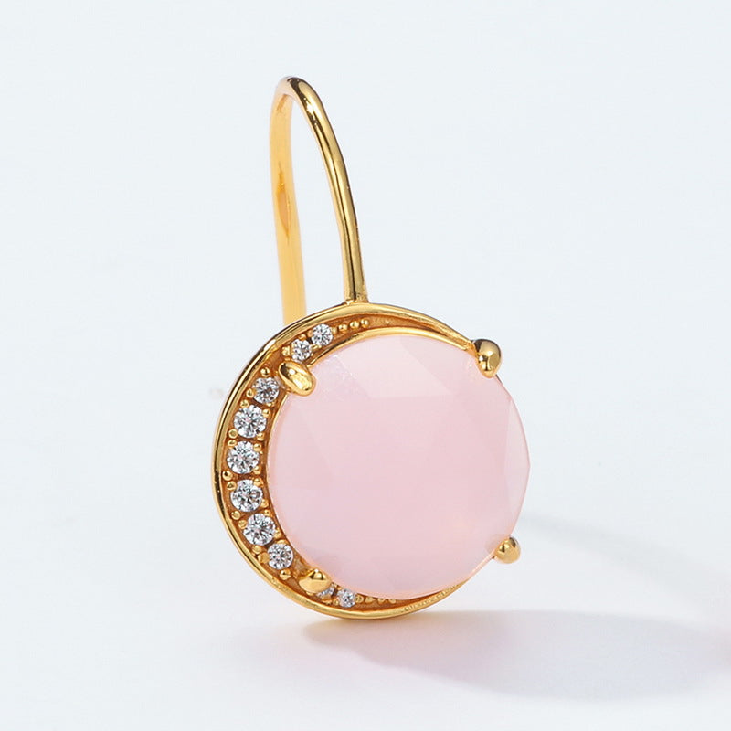 Stylish Round Cut Pink Crystal Silver Hook Earrings