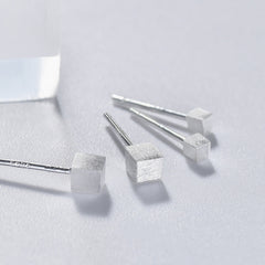Small Brushed Cube Silver Stud Earrings for Women