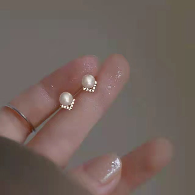 V Shape with Pearl Silver Studs Earrings for Women