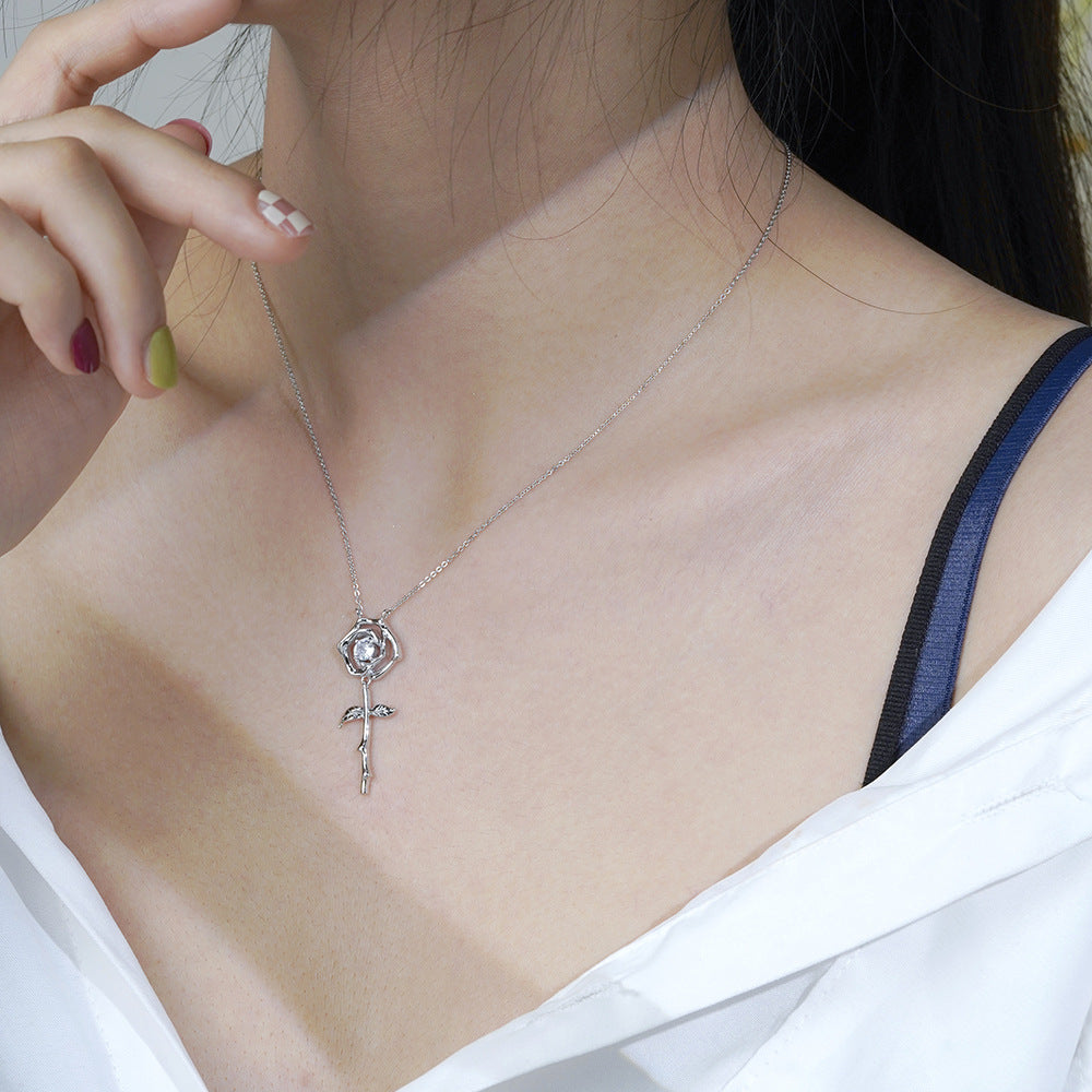 (Three Colours) White Zircon Rose Pendants 925 Silver Collarbone Necklace for Women