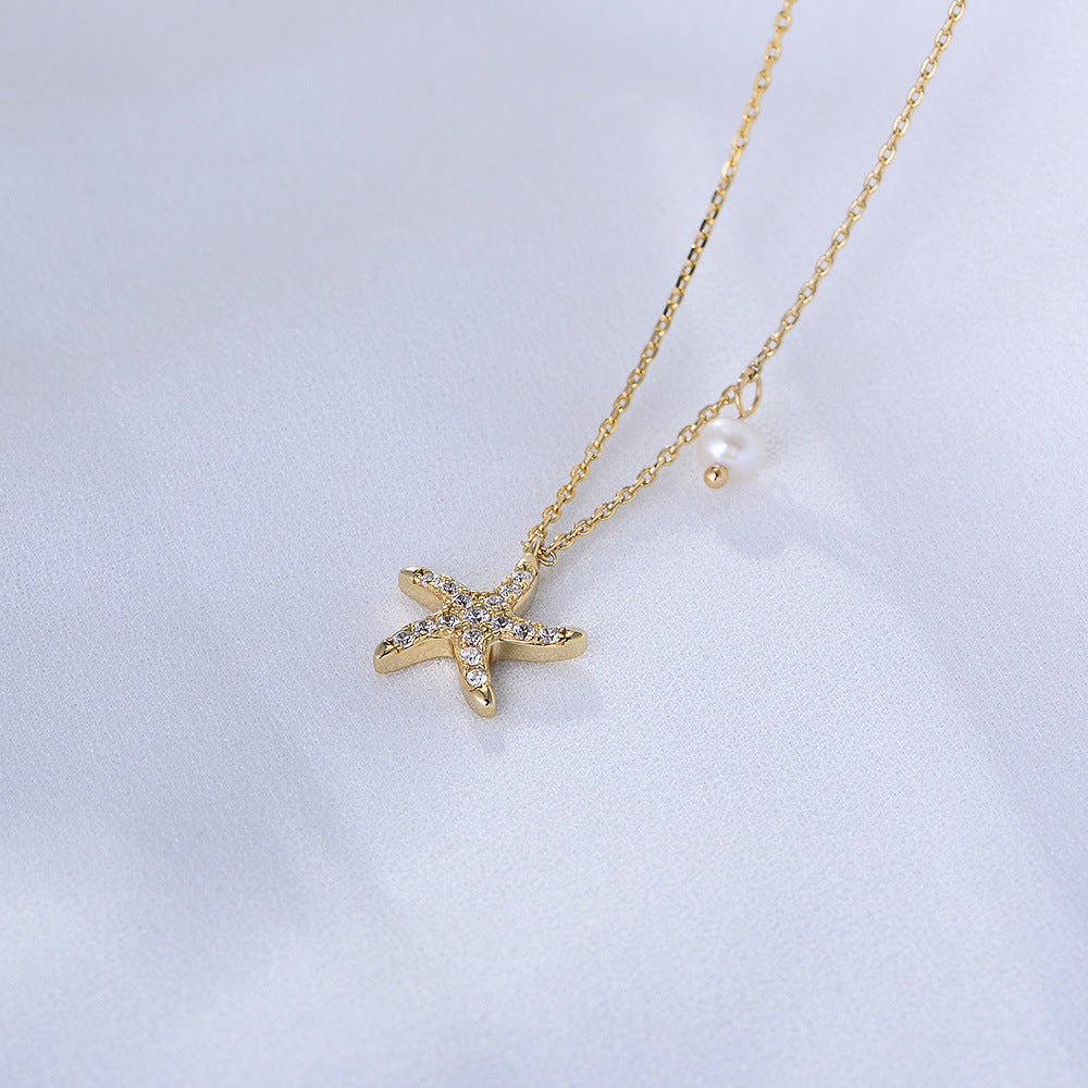 Full Zircon Starfish with Pearl Sterling Silver Collarbone Necklace for Women