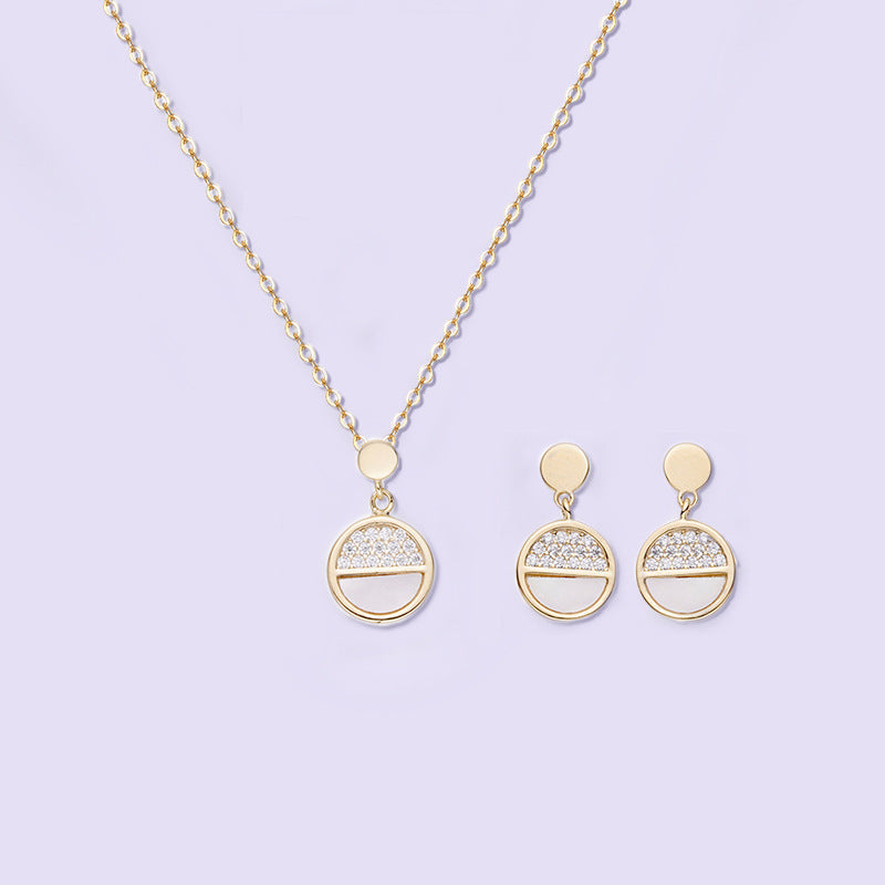 Round Disc Zircon Silver Necklace Earrings Set