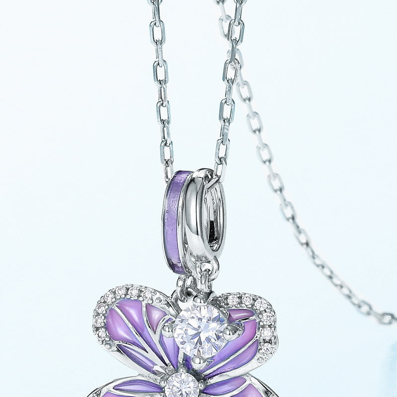 Purple Enamel Orchid Pendant Zircon Sterling Silver Necklace