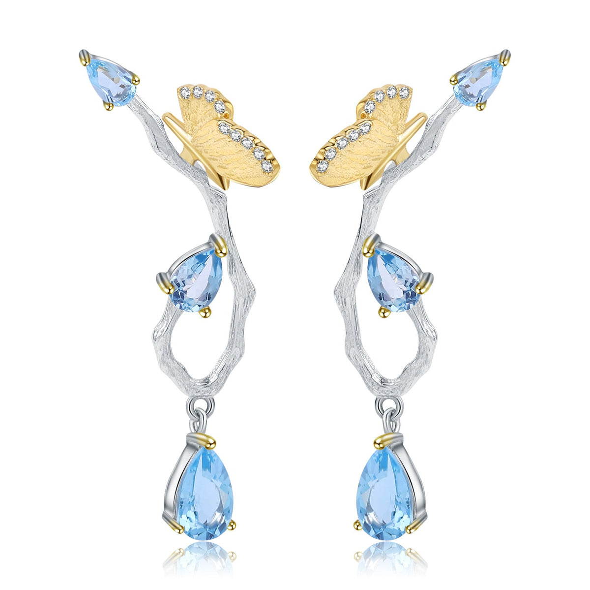 Natural Topaz Butterfly In Garden Design Sterling Silver Drop Earrings for Women