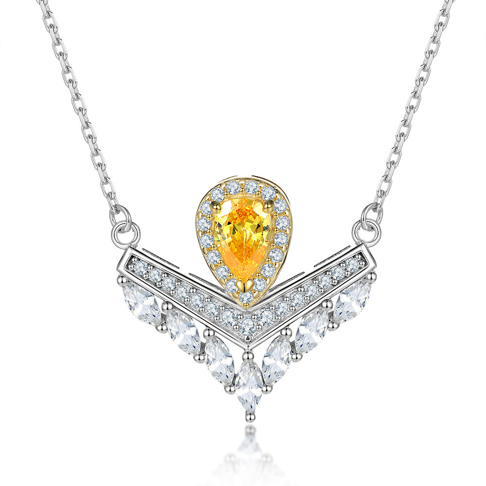 Yellow Pear Drop Zircon V-shaped Pendant Silver Necklace for Women