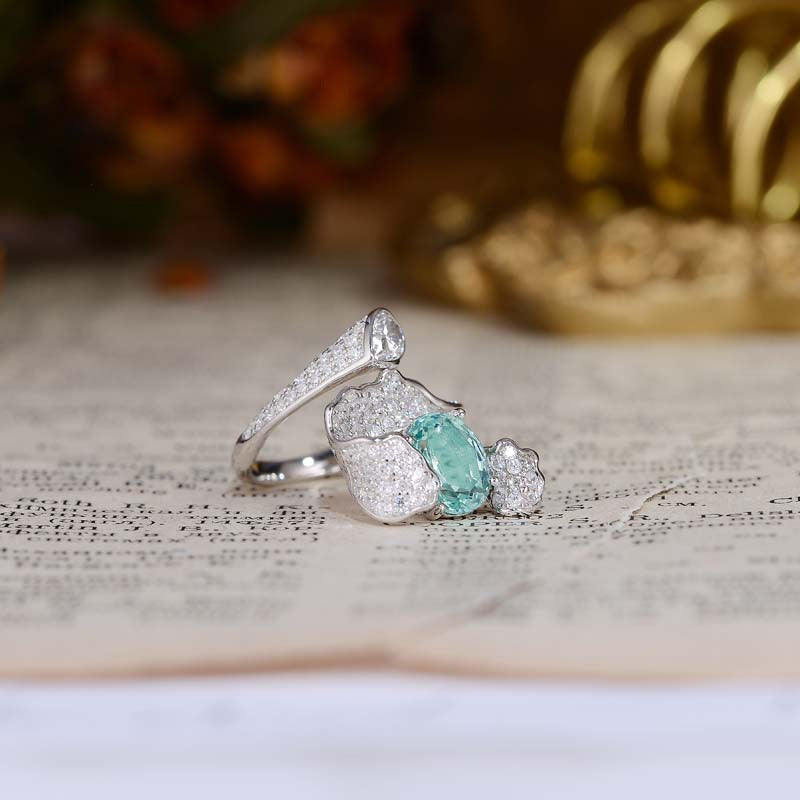 Oval Cut Green Zircon Waves Silver Ring