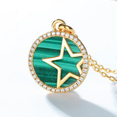 Round Malachite Star Zircon Sterling Silver Pendant