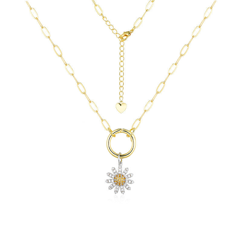 Zircon Daisy Flower with Circle Pendant Silver Necklace for Women