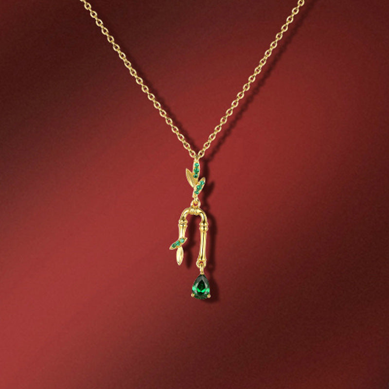 Green Zircon Bamboo Leaf Silver Necklace for Women