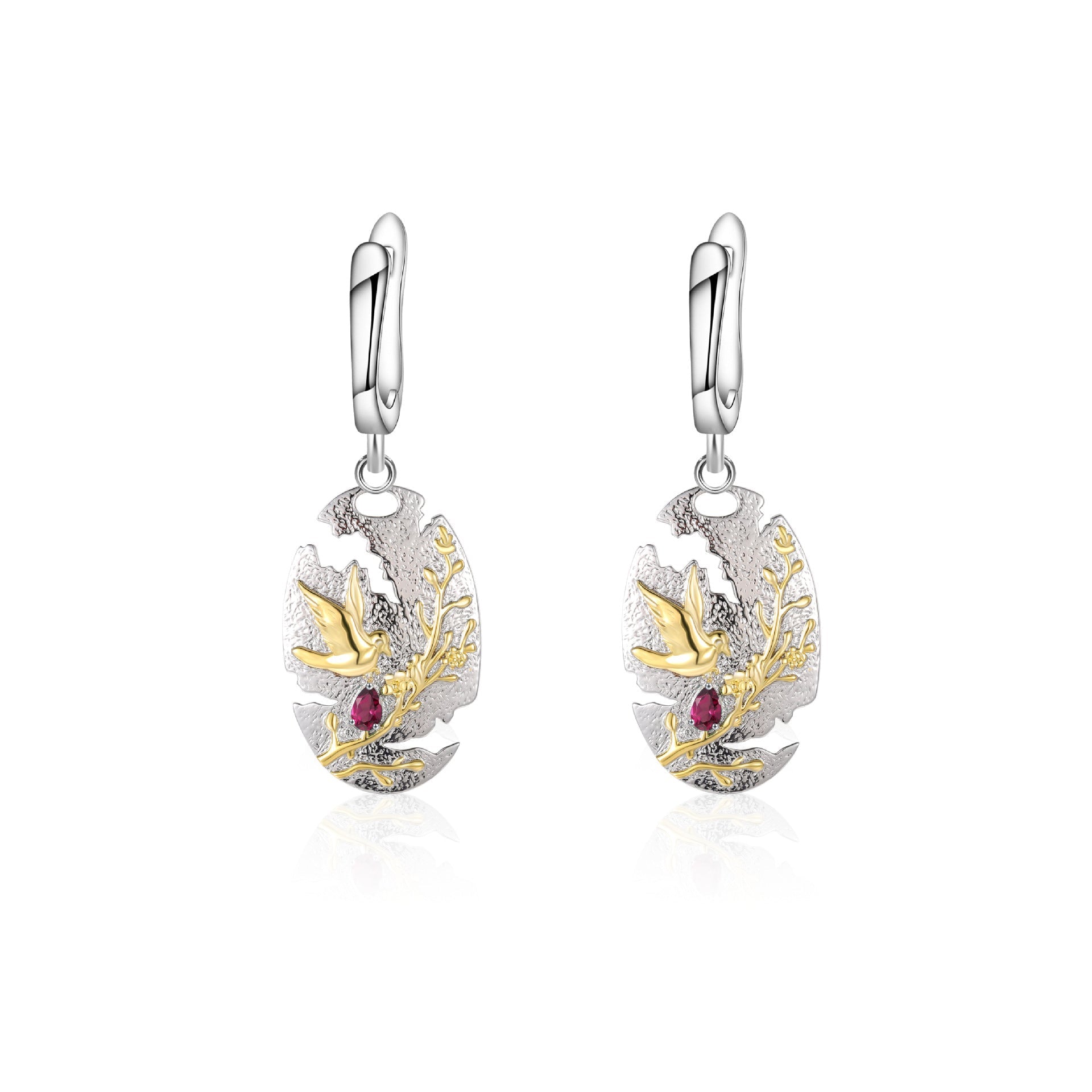 Bird In Garden Sterling Silver Drop Earrings for Women