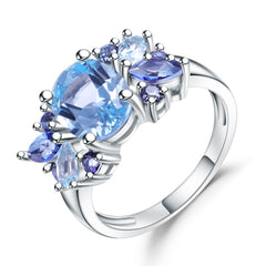 Luxury Fashion Style Group Inlaid Natural Topaz Oval Shape Silver Ring for Women