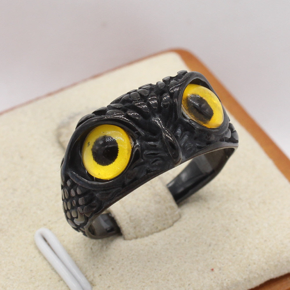 Black Owl Face Titanium Steel Ring for Men