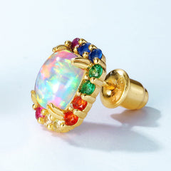 Rainbow Halo Rectangle Opal Stone Silver Stud Earrings