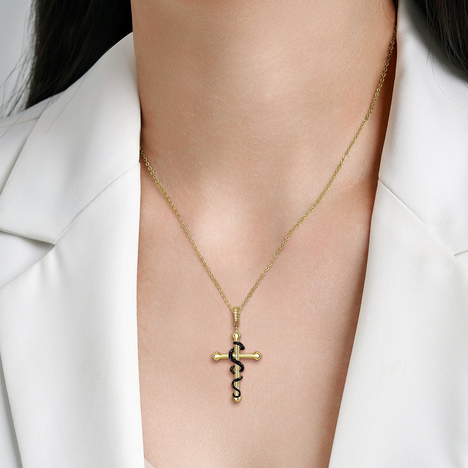 Black Snake Golden Cross Pendant Silver Necklace