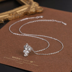 Retro Crown Skull with Zircon Pendant Silver Necklace for Women