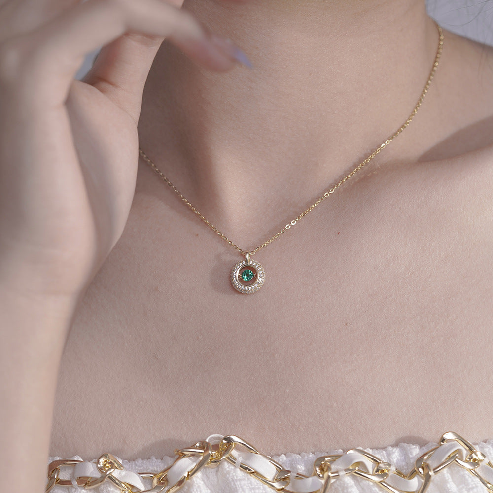 (Two Colours) White Zircon Circle Ring with Emerald Colour Zircon Pendants Silver Collarbone Necklace for Women