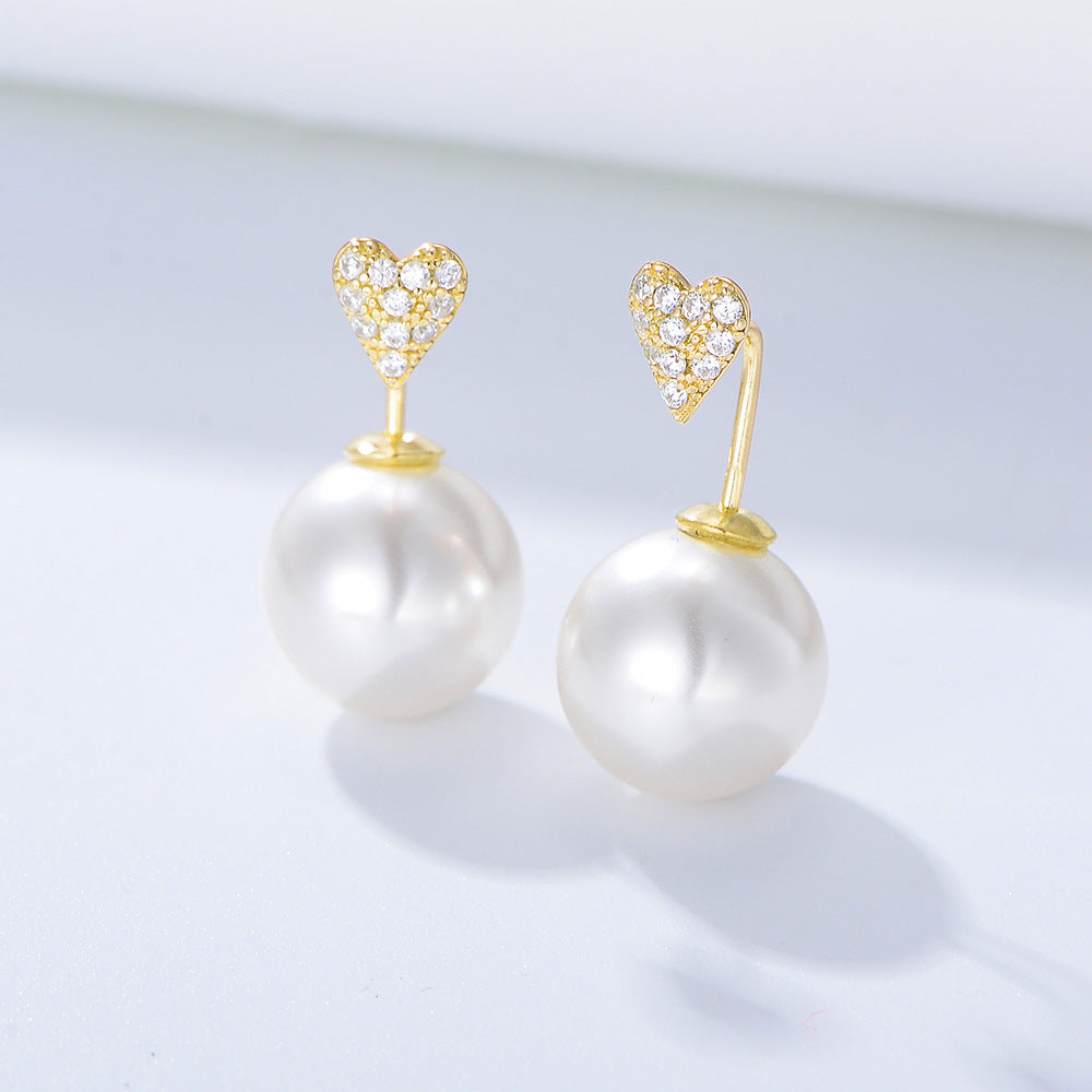 Ball Pearl with Heart-shape Zircon Silver Drop Earrings for Women